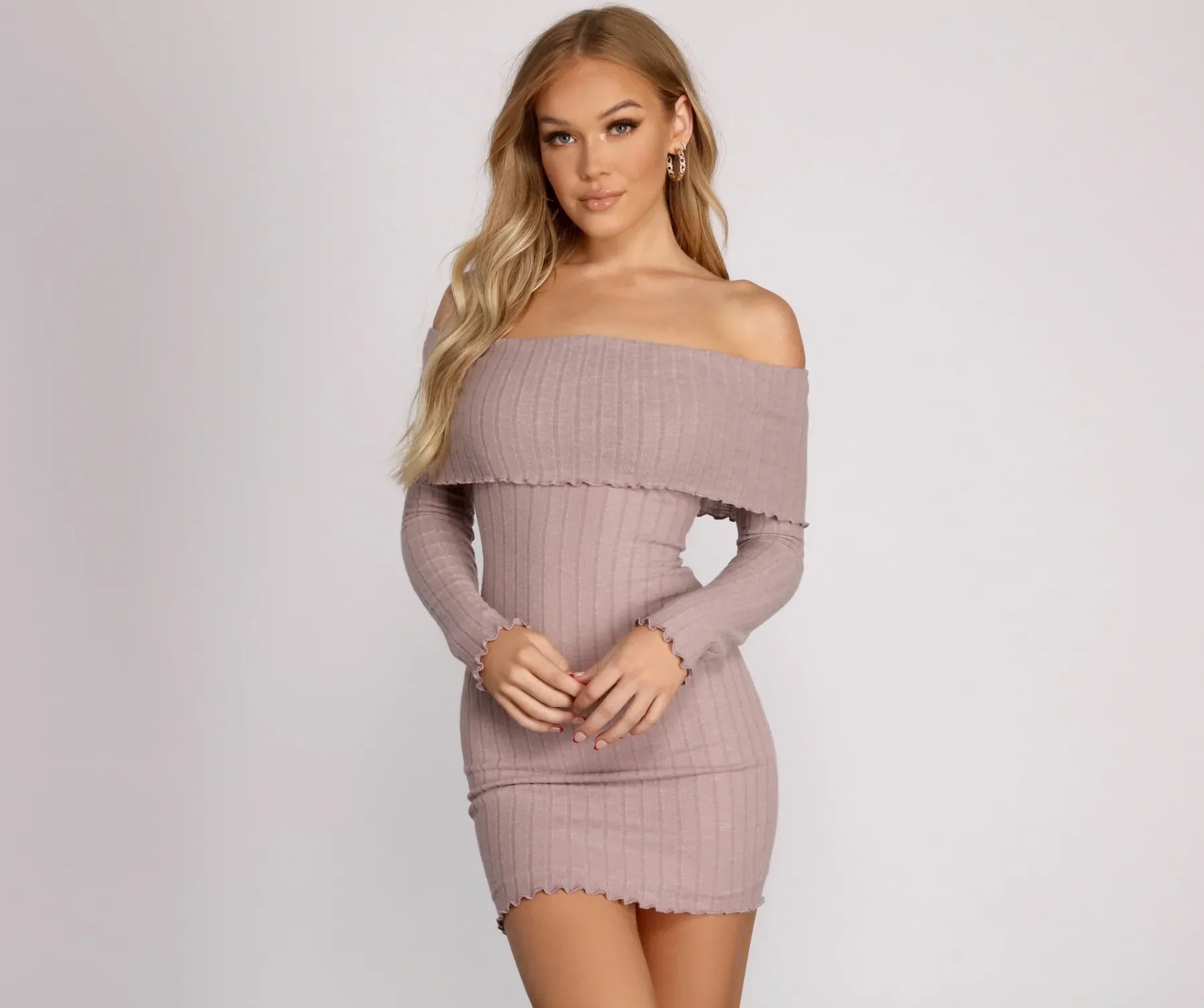Pleated Casual Dresses for a Structured Look Off The Shoulder Brushed Knit Mini Dress Pleated Casual Dresses for a Structured Look Off The Shoulder Brushed Knit Mini Dress