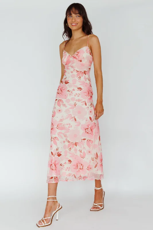 Button - Front Casual Dresses with Decorative Buttons​ Egypt Cami Strap Midi Dress Floral Pink
