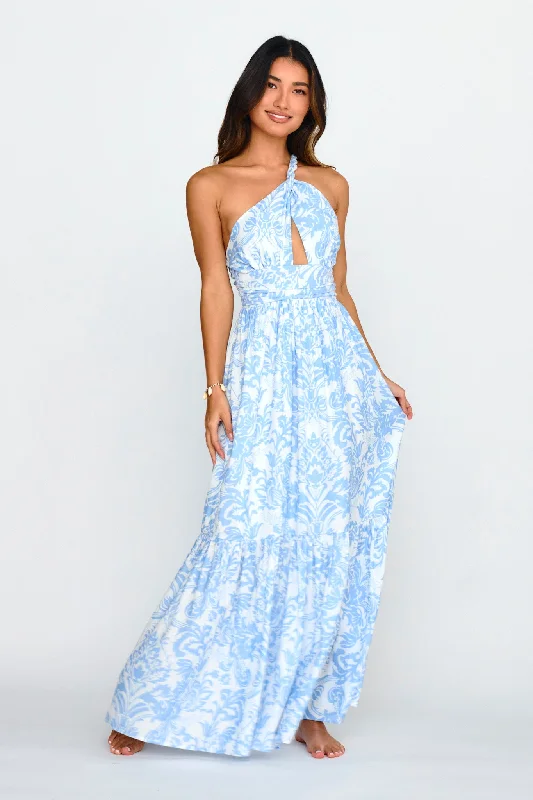 Summer - Appropriate Casual Dresses in Lightweight Materials​ Kamali One-Shoulder Keyhole Maxi Dress Blue