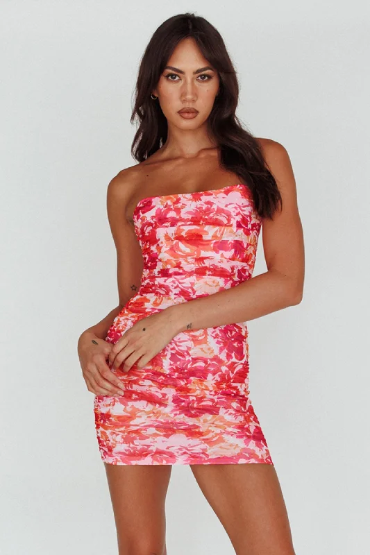 Geometric - Patterned Casual Dresses for a Modern Style​ Logan Strapless Ruched Dress Floral Pink/Orange