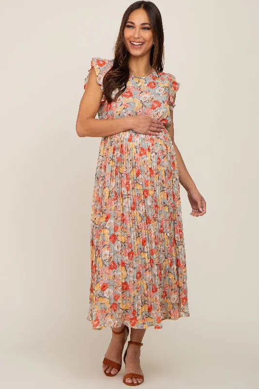 A - Line Casual Dresses for a Flattering Silhouette​ Mint Green Floral Chiffon Pleated Maternity Midi Dress