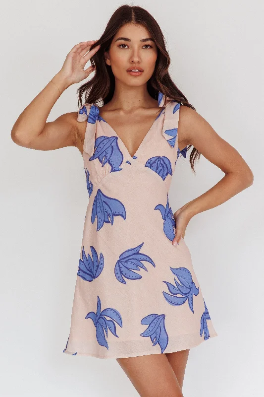 Post - Partum Casual Dresses for New Moms​ Mykonos Morning Tied Shoulder Mini Dress Plant Print Beige
