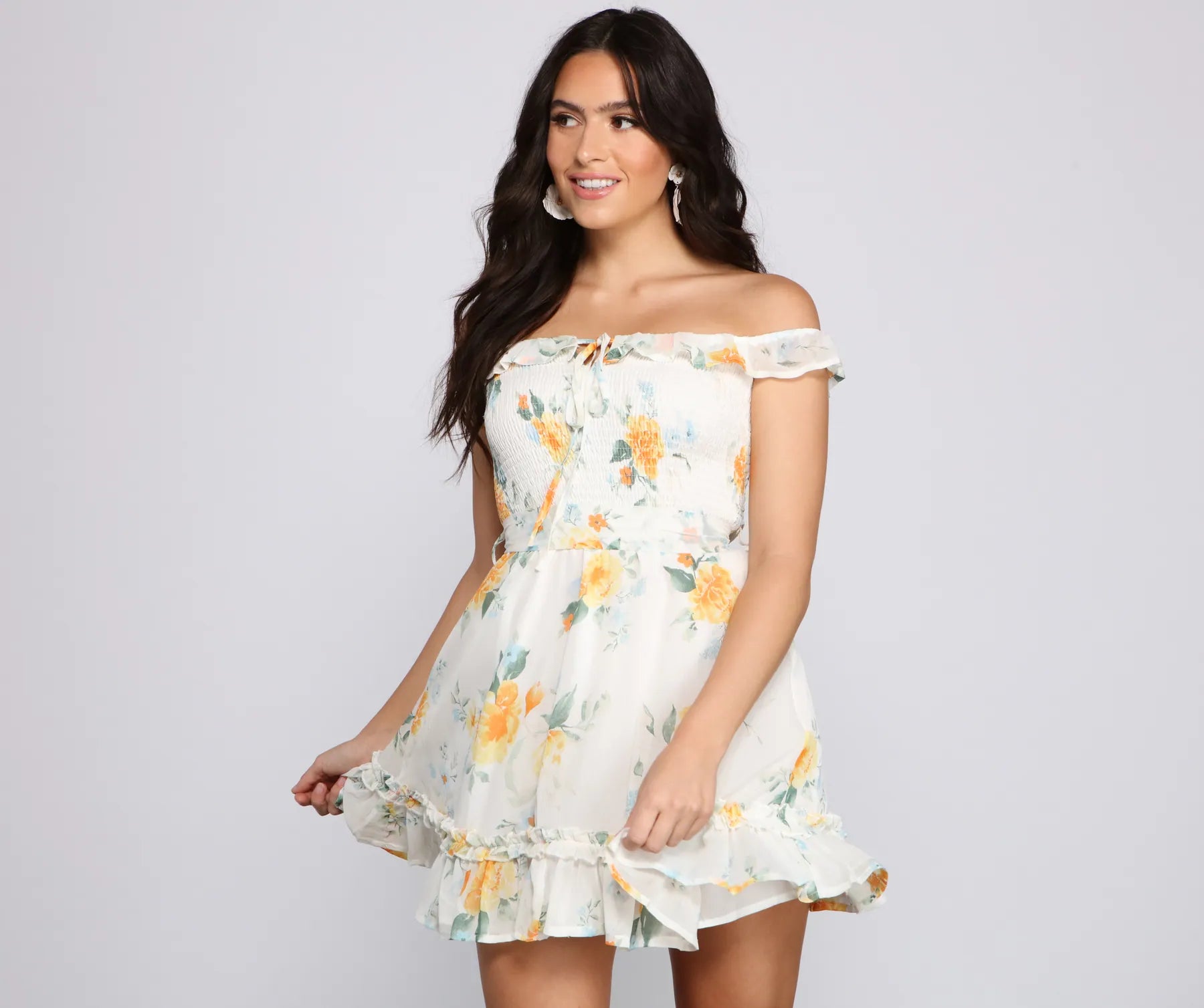 Smocked Waist Casual Dresses for Comfort​ Floral Wonder Ruffled Skater Dress