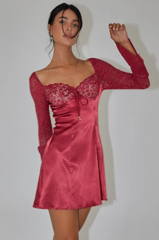 Hypoallergenic Casual Dresses for Sensitive Skin​ Ti Amo Lace Bust Long Sleeve Mini Dress Wine