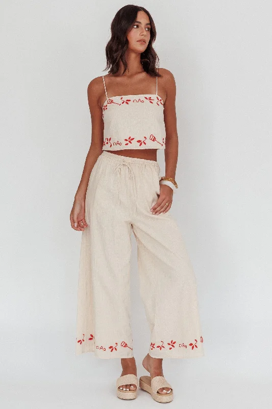 Satin Casual Dresses with a Shiny Finish​ Sorrento Summer Embroidered Wide-Leg Pants Oat