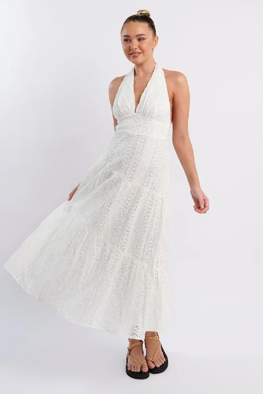 Sequined Casual Dresses for Special Occasions​ Nolita Halterneck Lace Overlay Maxi Dress White
