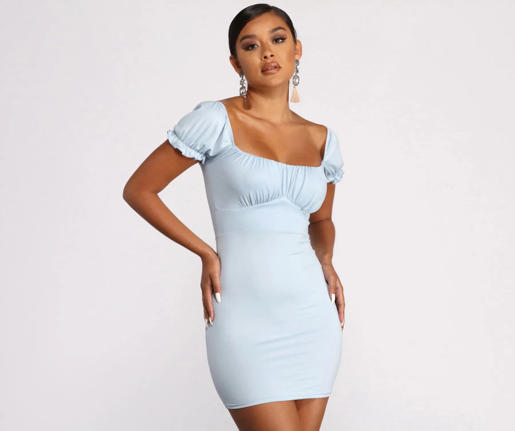 Organic Cotton Casual Dresses for a Natural Choice​ Puff Sleeve Ruched Knit Mini Dress