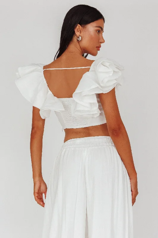 Recycled - Material Casual Dresses for Sustainability​ Zali Ruffle Sleeve Crop Top White