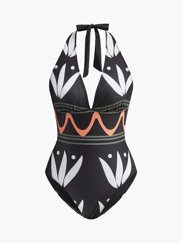 DIY - Inspired Casual Dresses with Customizable Elements​ Halter Neck Geometric Print Swimsuit
