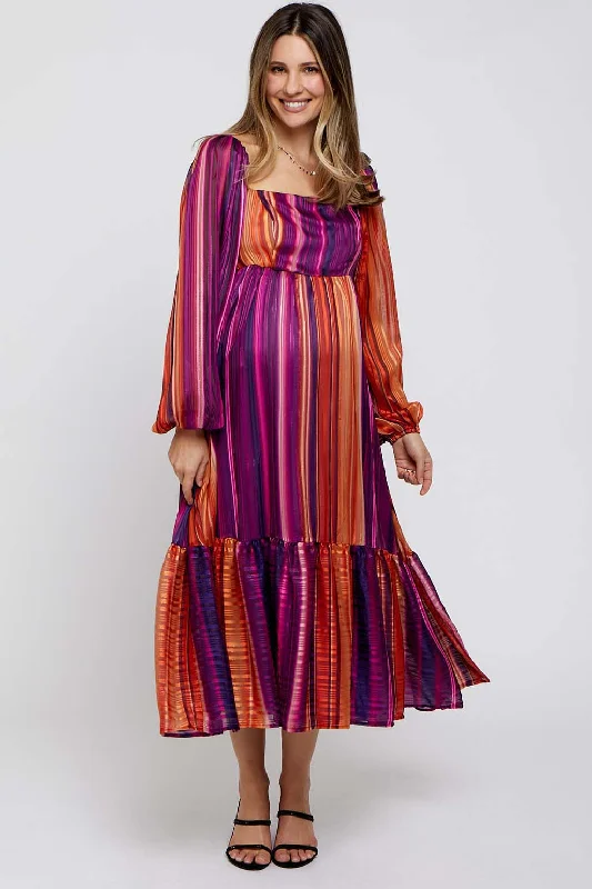 Striped Casual Dresses in Cotton Blend​ Plum Striped Maternity Midi Dress