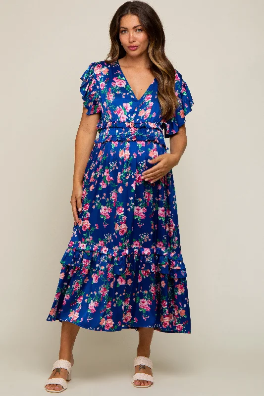 Fair Isle - Patterned Casual Dresses for a Festive Look​ Royal Blue Floral Satin Ruffle Maternity Midi Dress