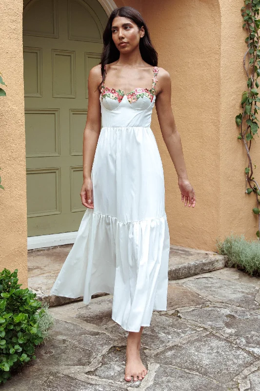 Bamboo - Fiber Casual Dresses for an Eco - Friendly Option​ Rose Garden Floral Applique A-Line Midi Dress White
