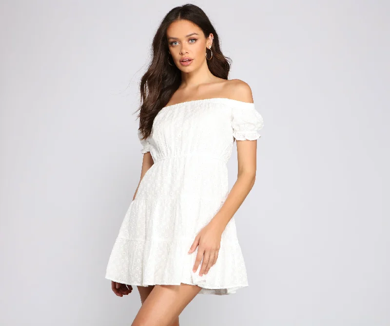 Sun - Protective Casual Dresses for Outdoor Activities​ Off The Shoulder Eyelet Skater Dress
