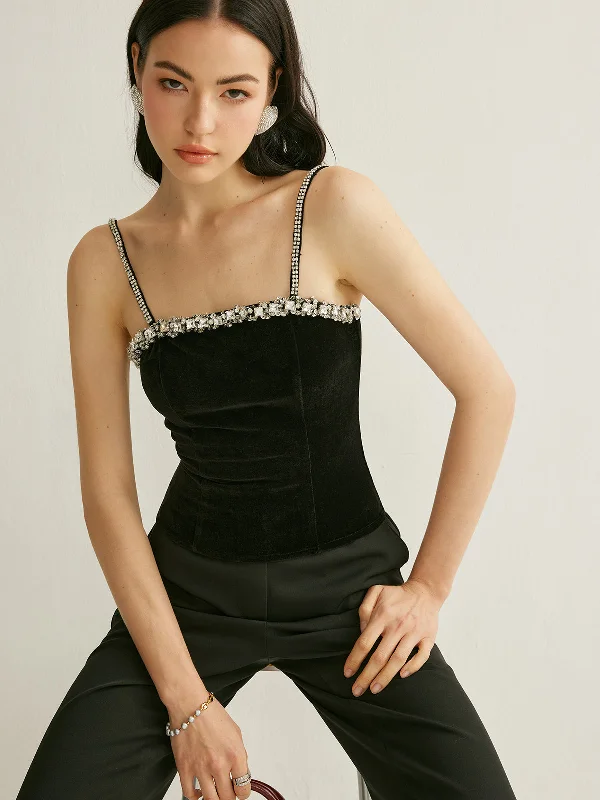 Travel - Friendly Casual Dresses for Comfort on the Go​ Rhinestone-Embellished Velvet Cami Top