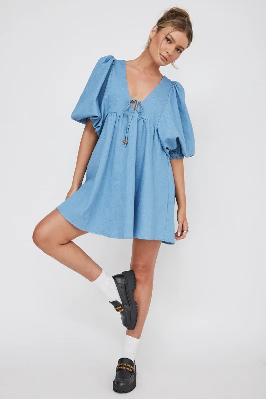 Sleep - Wear Inspired Casual Dresses for a Cozy Feel​ New Haven Puff Sleeve Swing Dress Denim