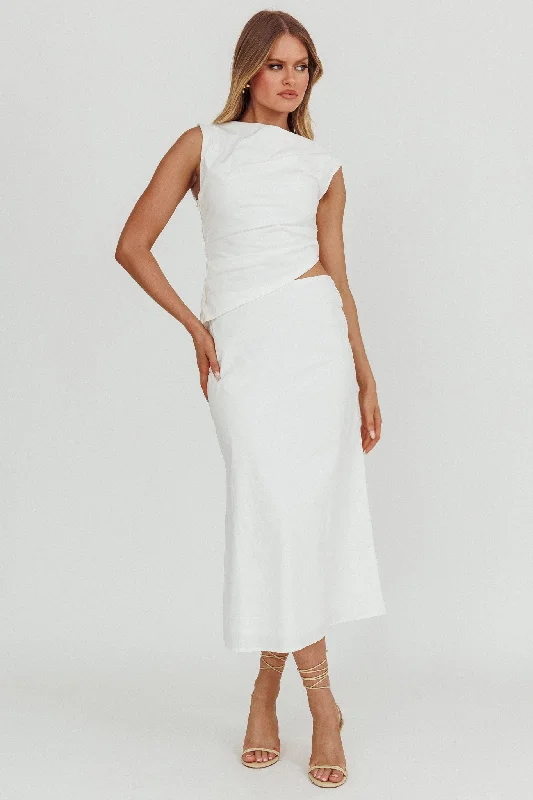 Embroidered Casual Dresses with Intricate Designs​ Lorely Boat Neck Cut Out Midi Dress White