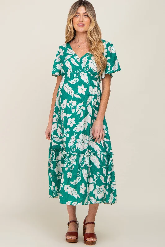 Petite - Sized Casual Dresses for Smaller Frames​ Green Tropical Print Ruffle Maternity Midi Dress