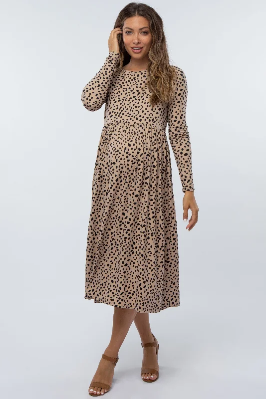 Neon - Colored Casual Dresses for a Trendy Look​ Taupe Abstract Animal Print Maternity Midi Dress