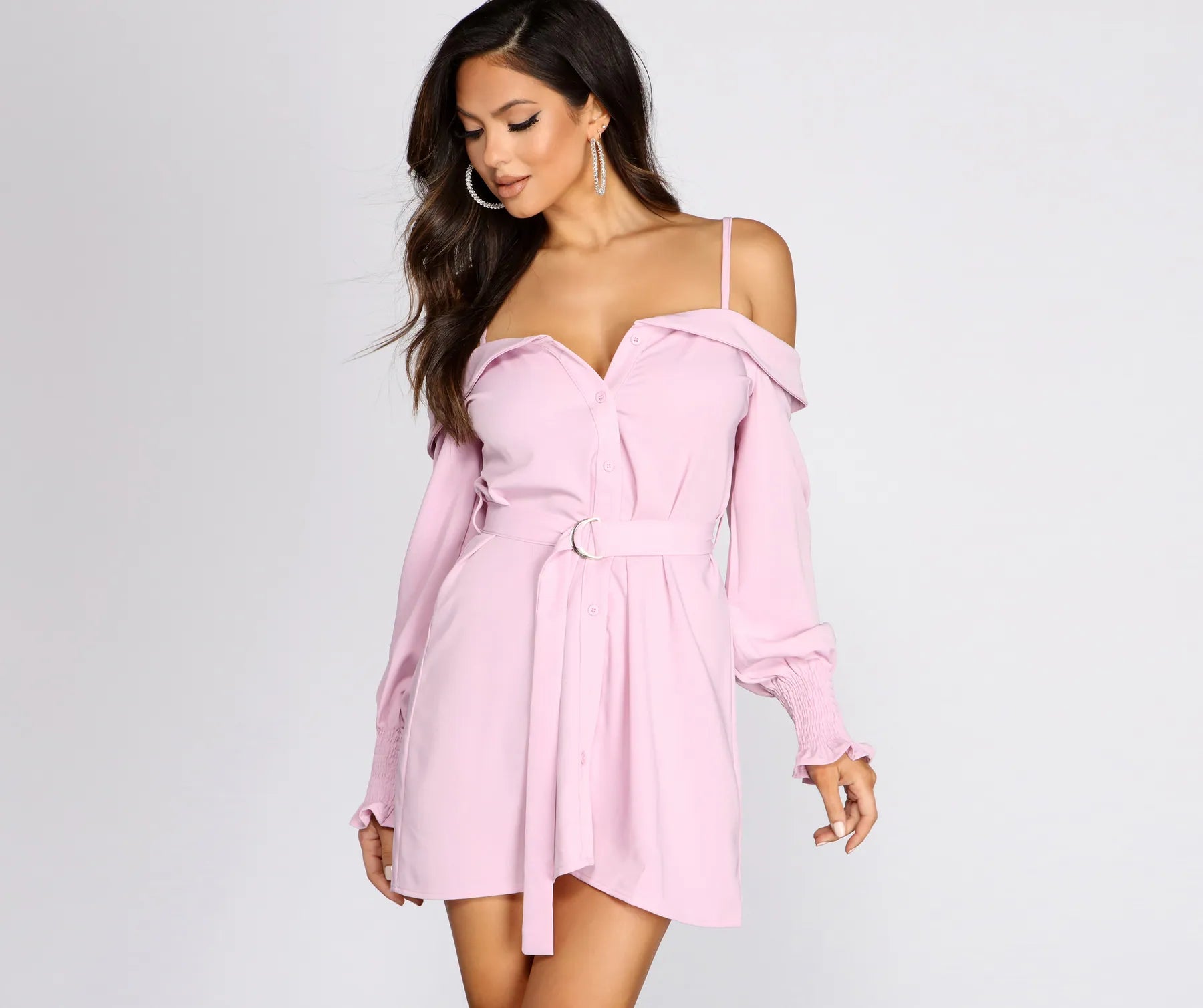 Mini Casual Dresses with Ruffled Hem​ Light And Fresh Cold Shoulder Button Up Tunic
