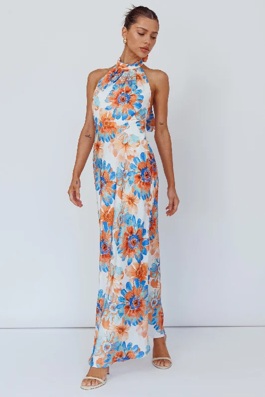 Button - Down Casual Dresses for a Classic Vibe Shana Halterneck Maxi Dress Flowers Blue Button - Down Casual Dresses for a Classic Vibe Shana Halterneck Maxi Dress Flowers Blue