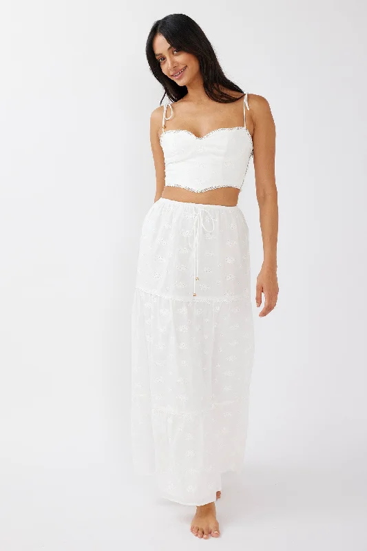 Tie - Dye Casual Dresses for a Retro Style​ Gracelyn Drawstring Embroidery Maxi Skirt White