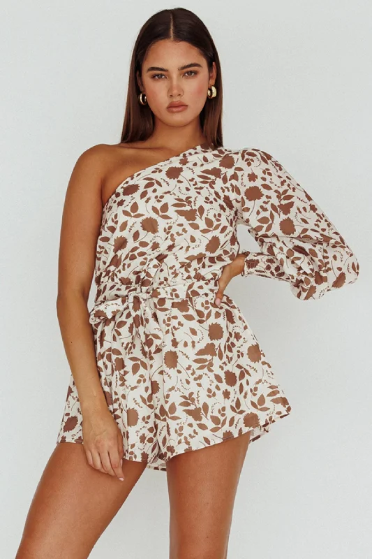 Mini Casual Dresses with Ruffled Hem​ Summer Lover One-Shoulder Romper Floral Brown