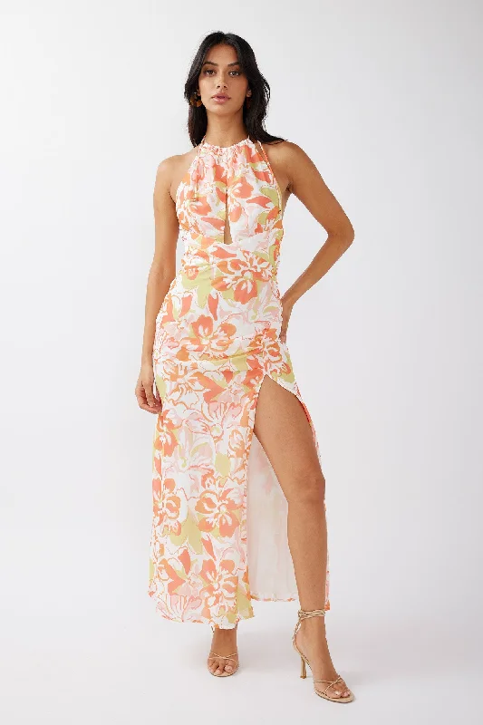 Rain - Resistant Casual Dresses for Wet Weather​ Nirvana Halterneck Split Midi Dress Floral Orange