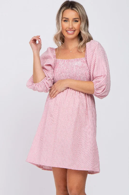 Embroidered Casual Dresses with Intricate Designs​ Mauve Striped Smocked Puff Sleeve Maternity Dress