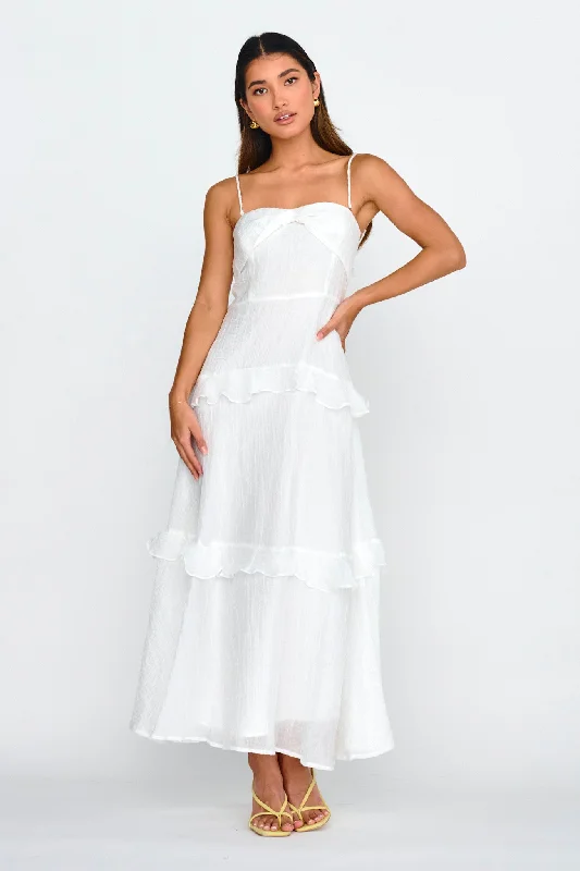 Picnic - Ready Casual Dresses in Bright Colors​ Rise & Glow Frill Trim Textured Midi Dress White