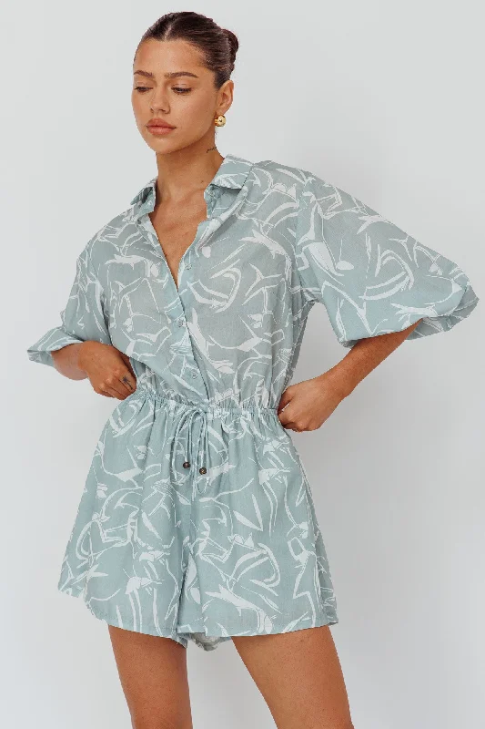 Wrap - Style Casual Dresses for Easy Wear​ Tiki Puff Sleeve Drawstring Romper Print Sage