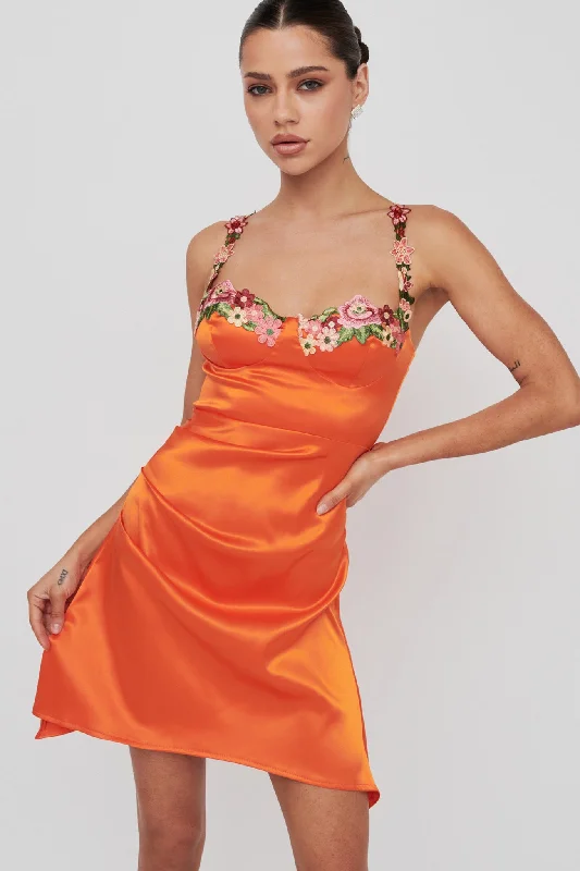 Neon - Colored Casual Dresses for a Trendy Look​ Rose Garden Floral Applique Pleat Mini Dress Orange