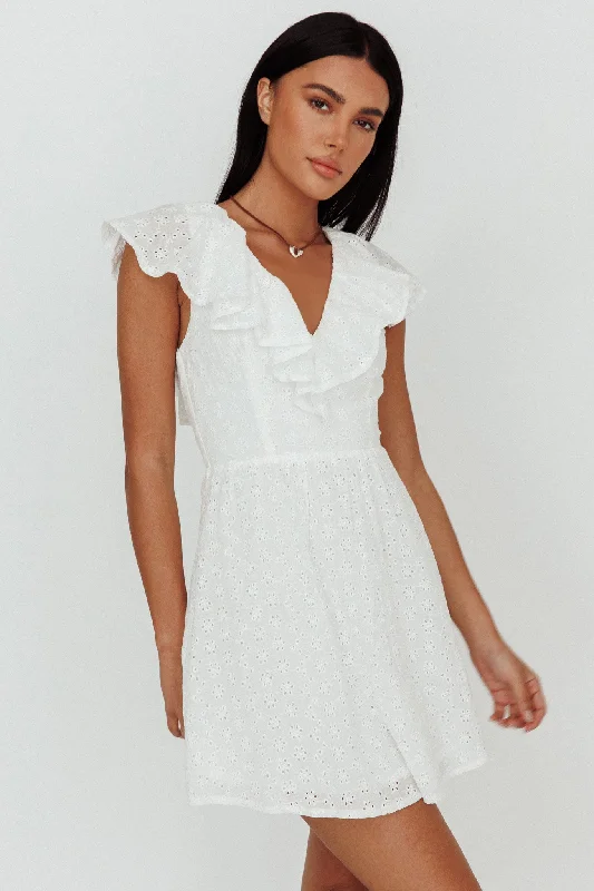 Crochet Casual Dresses for a Handmade Appeal​ Kiarah Eyelet Ruffle Mini Dress White