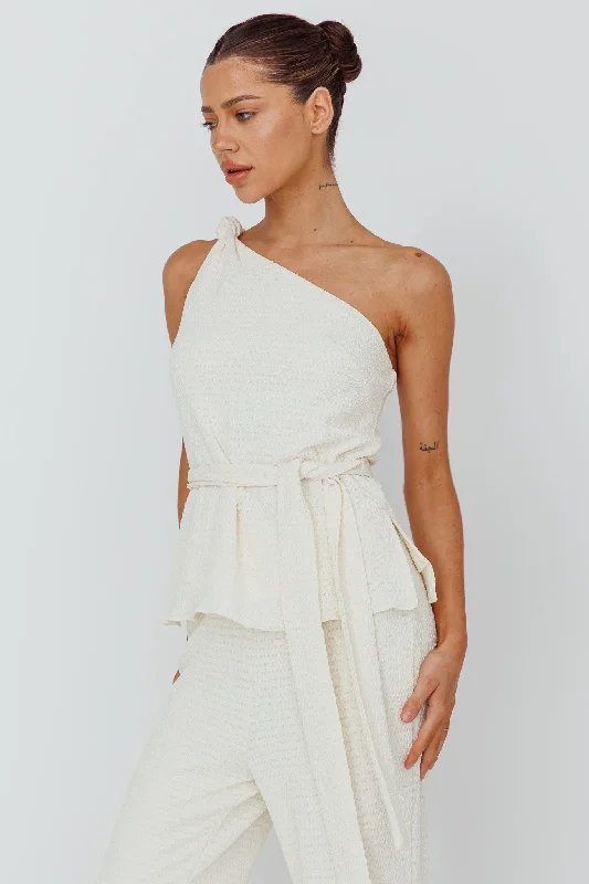 Button - Front Casual Dresses with Decorative Buttons​ Austin City One-Shoulder Waist Tie Top Cream