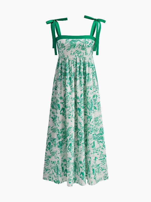 Solid Color Casual Dresses in Earth Tones​ Contrast Binding Tie-Strap Floral Dress