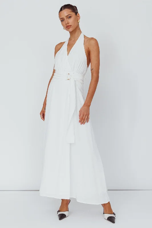 Non - Slip Casual Dresses with Adjustable Straps​ Spring Feels Halterneck Belt Maxi Dress White
