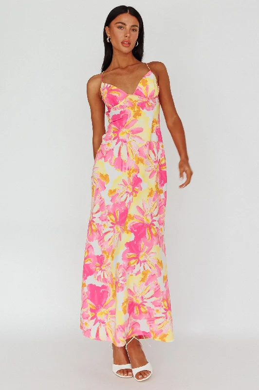 Winter - Warm Casual Dresses with Lined Fabrics​ Alora Tie-Up Back Maxi Dress Flower Pink