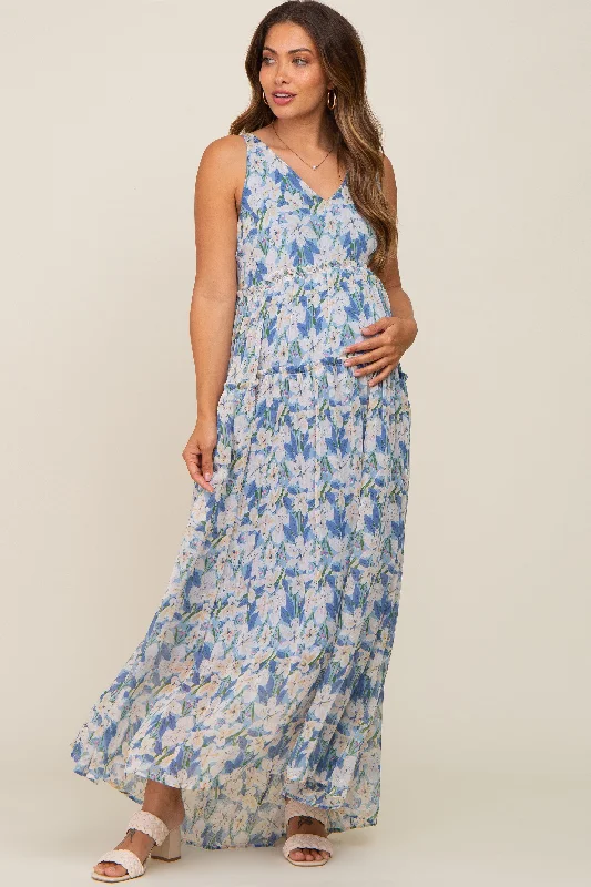 Party Casual Dresses for a Night Out​ Blue Floral Chiffon Sleeveless Maternity Maxi Dress