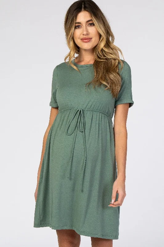 Crochet Casual Dresses for a Handmade Appeal​ PinkBlush Sage Green Cuff Sleeve Waist Tie Maternity Dress