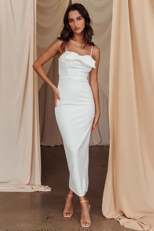 Summer - Appropriate Casual Dresses in Lightweight Materials​ This Magic Moment Bow Bust Midi Dress White