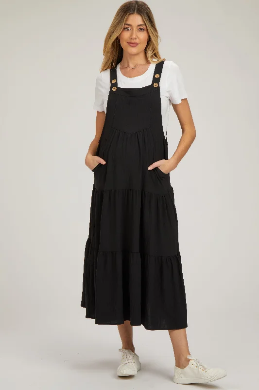 Lace - Trimmed Casual Dresses for a Delicate Touch​ Black Button Sling Tiered Maternity Midi Dress