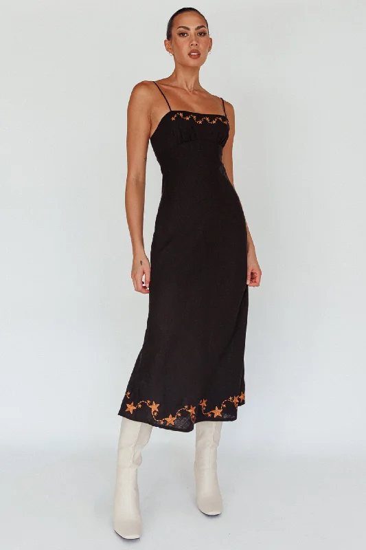 Sleep - Wear Inspired Casual Dresses for a Cozy Feel​ Star Garden Embroidered Midi Dress Black