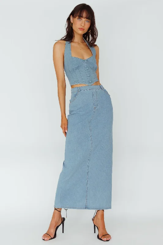 Knit Casual Dresses in Chunky Patterns​ Zurich Pocket Maxi Skirt Denim Blue