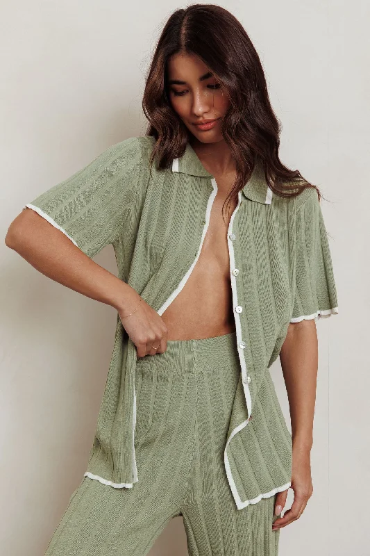 Sleep - Wear Inspired Casual Dresses for a Cozy Feel​ Liloh Ribbed Buttoned Shirt Sage