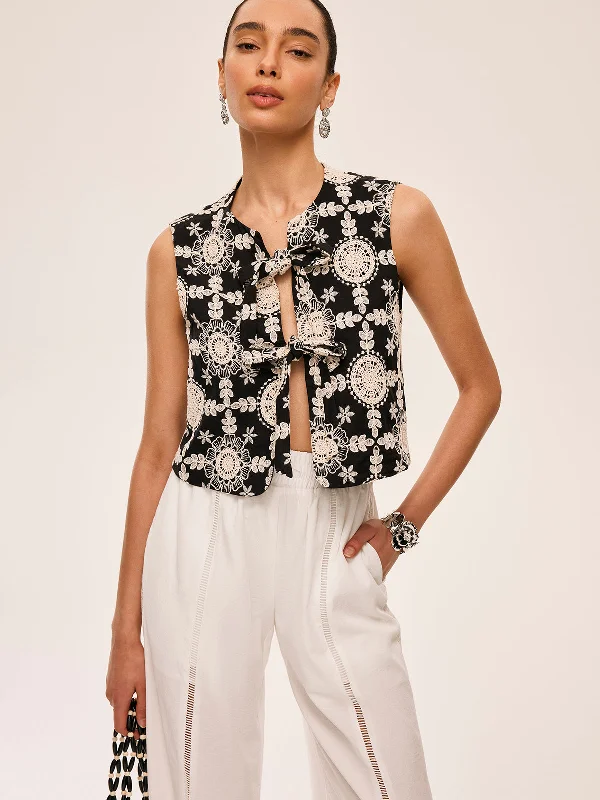 Sleeveless Casual Dresses for Warm Weather​ Embroidered Cotton Tie-Front Vest