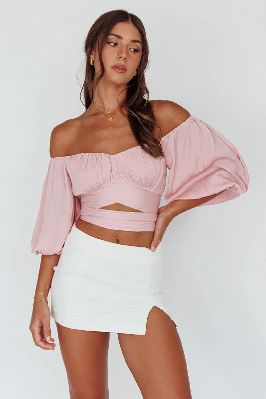 Denim Casual Dresses for a Casual and Durable Option​ Linka Off-Shoulder Half Sleeve Tie-Back Crop Top Blush