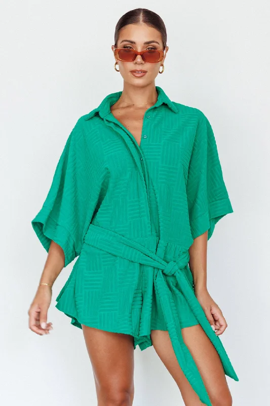 Outdoor Event Casual Dresses in Durable Fabrics​ Daytona Beach Button-Up Romper Textured Green