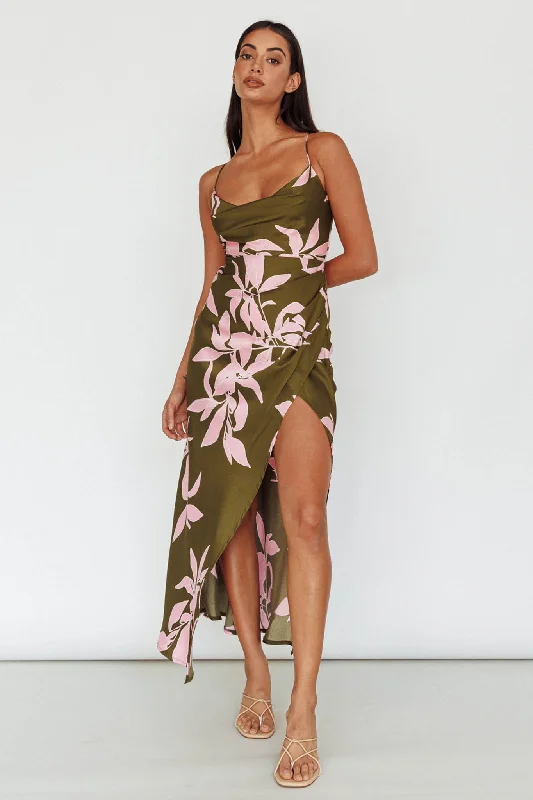 Striped Casual Dresses in Cotton Blend​ Morea Cowl Neck Maxi Dress Floral Green