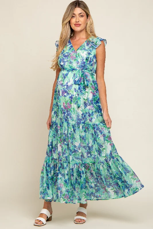 Cotton - Linen Blend Casual Dresses​ Blue Floral Ruffle Accent Waist Tie Maternity Maxi Dress