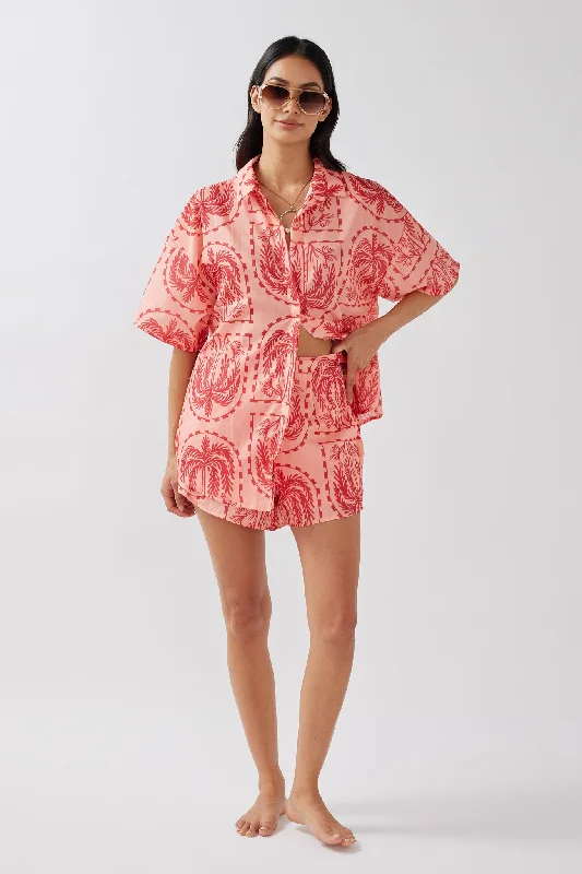 Button - Down Casual Dresses for a Classic Vibe​ Cora Elastic Waist Shorts Print Red Salmon