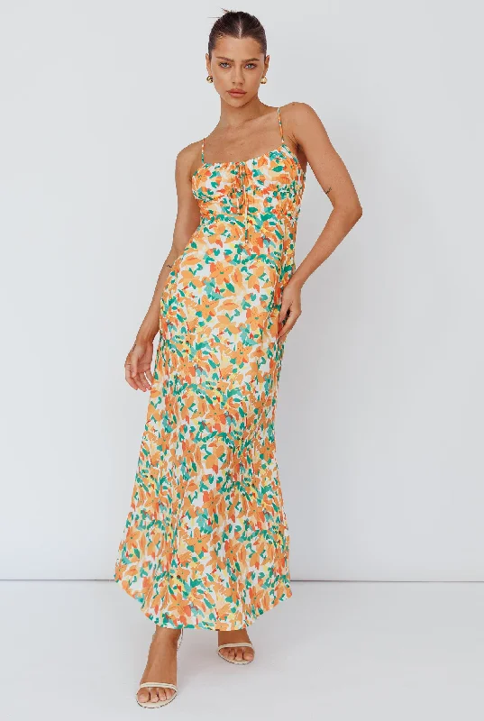 Petite - Sized Casual Dresses for Smaller Frames​ Solstice Noon Tied Bust Midi Dress Print Orange